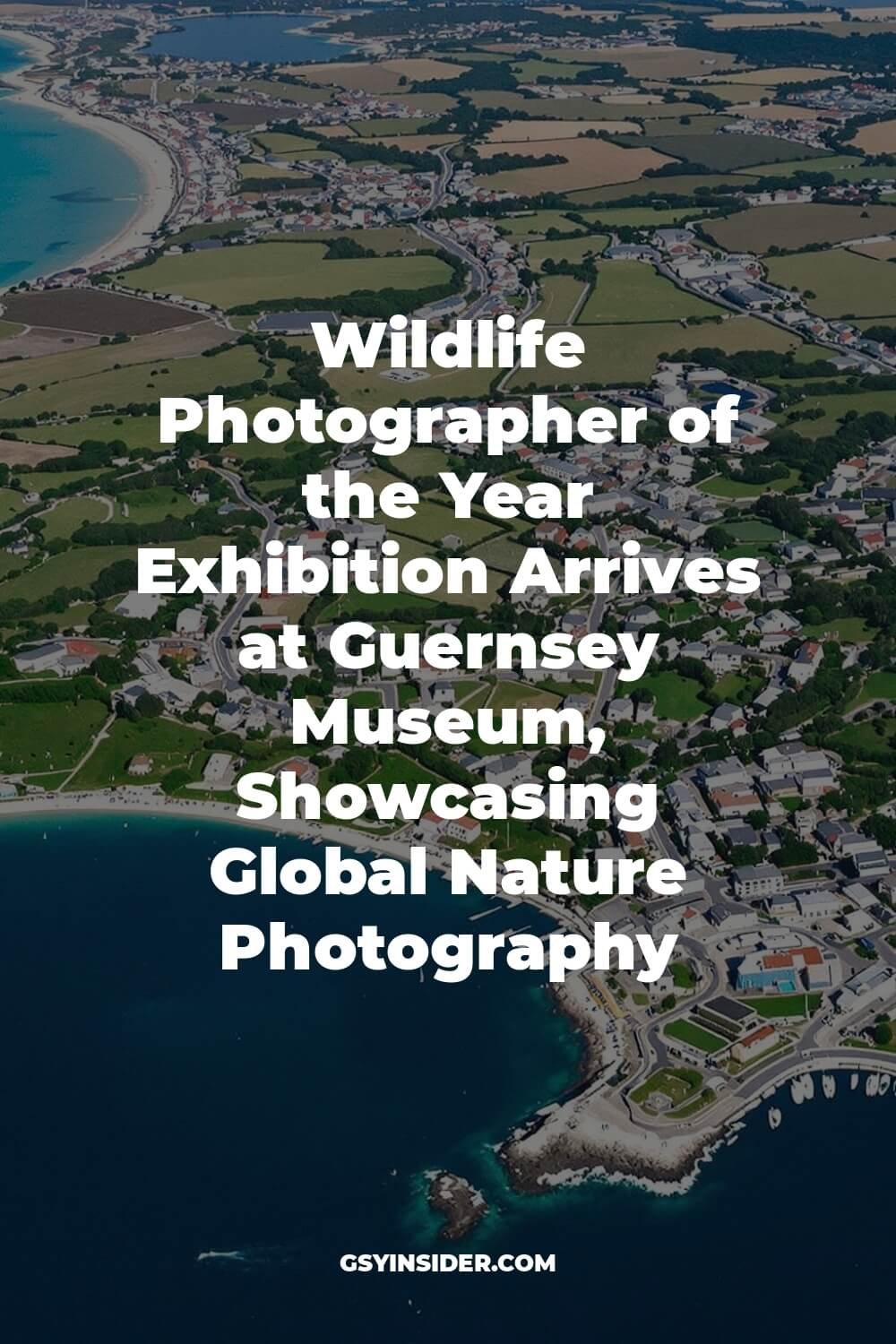 "Aerial view of Guernsey's coastline and St. Peter Port harbor with fishing boats, Castle Cornet, honey-colored buildings, and green fields at golden hour"