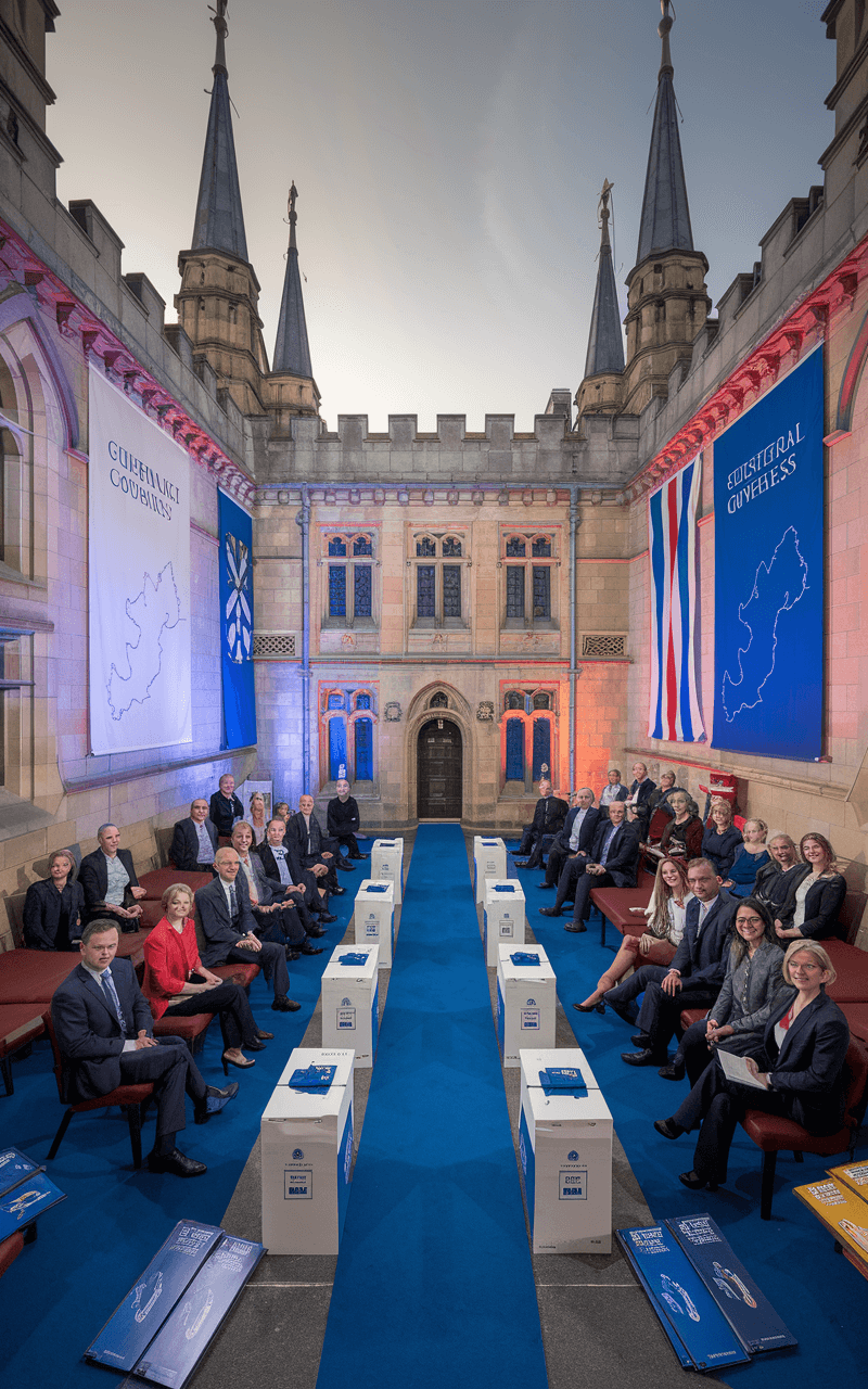 "Diverse residents discussing Guernsey's governance and electoral system in the Royal Court House, alongside symbols of modern and traditional parish governance."