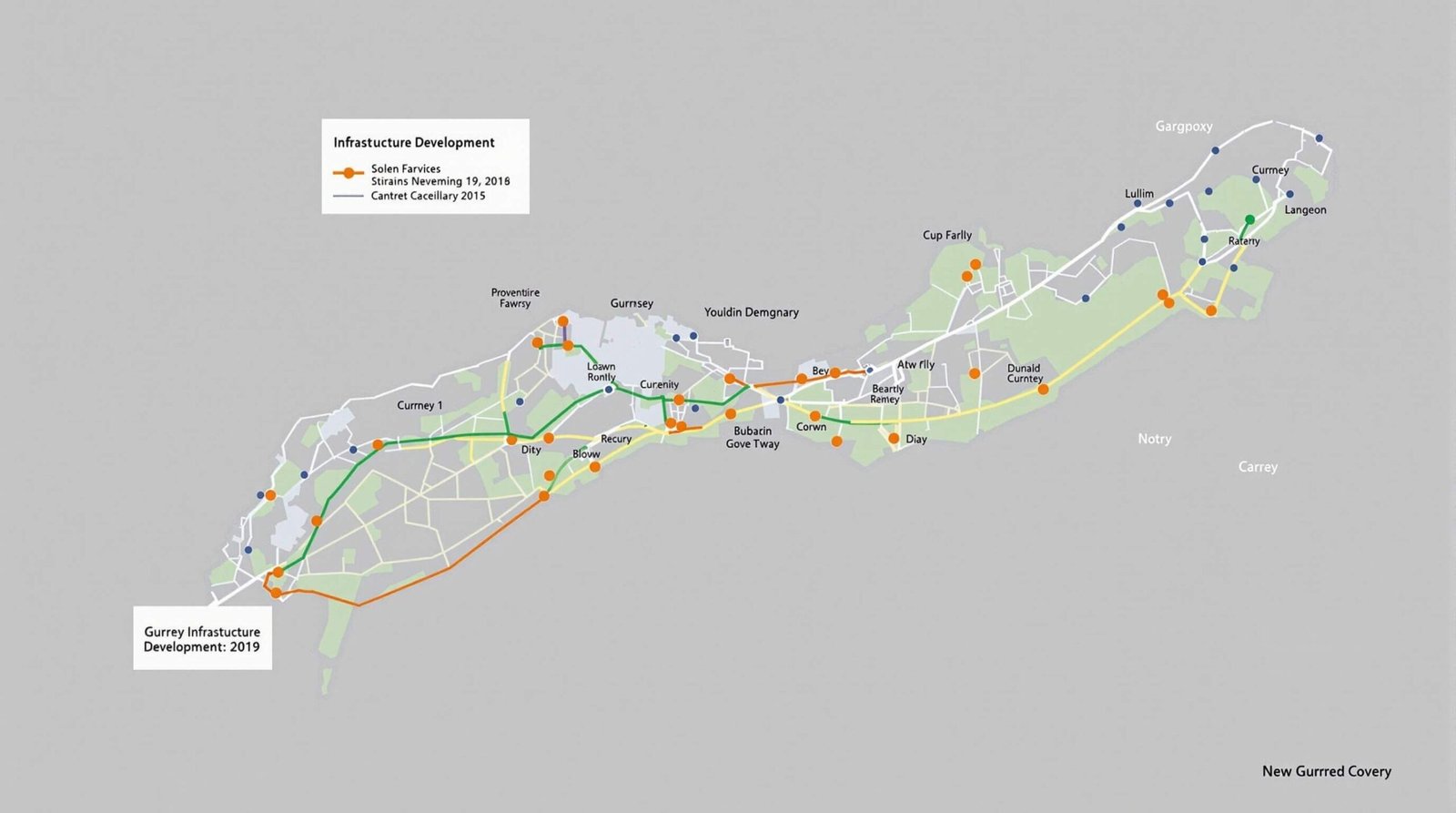 "Infographic detailing the key points, issues, economic implications, strategic considerations, and recommendations regarding infrastructure development in Guernsey."