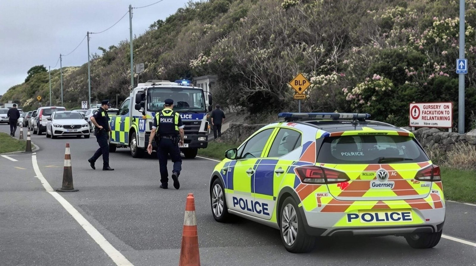 "Guernsey Police officer conducting road safety check with local driver during winter, with awareness signage and speed monitoring equipment in view"