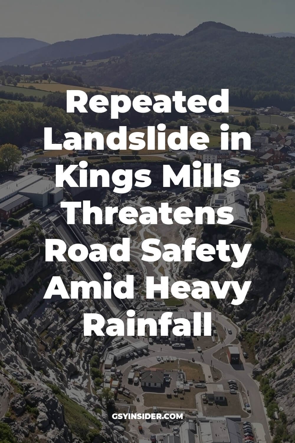 "Aerial view of a landslide in Kings Mills, Guernsey during rainfall, featuring collapsed stone wall at former Curle's Garden Centre site and surrounding countryside"