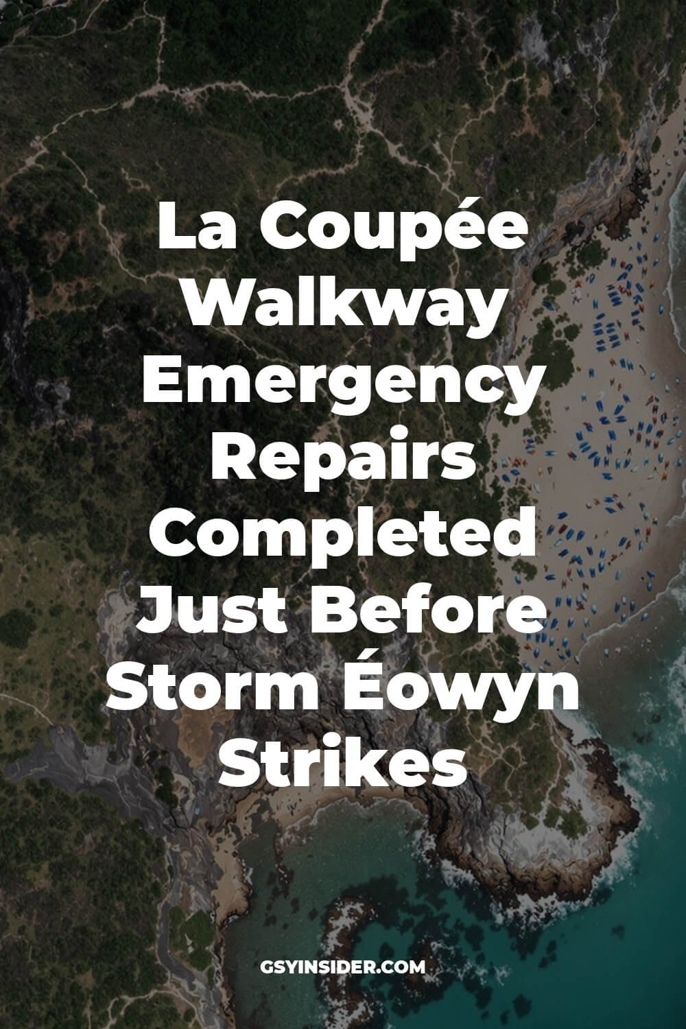 "Aerial view of Guernsey's La Coupée walkway connecting Sark to Little Sark, showcasing dramatic cliffs, turbulent seas, historic railings, and storm-approaching skies"