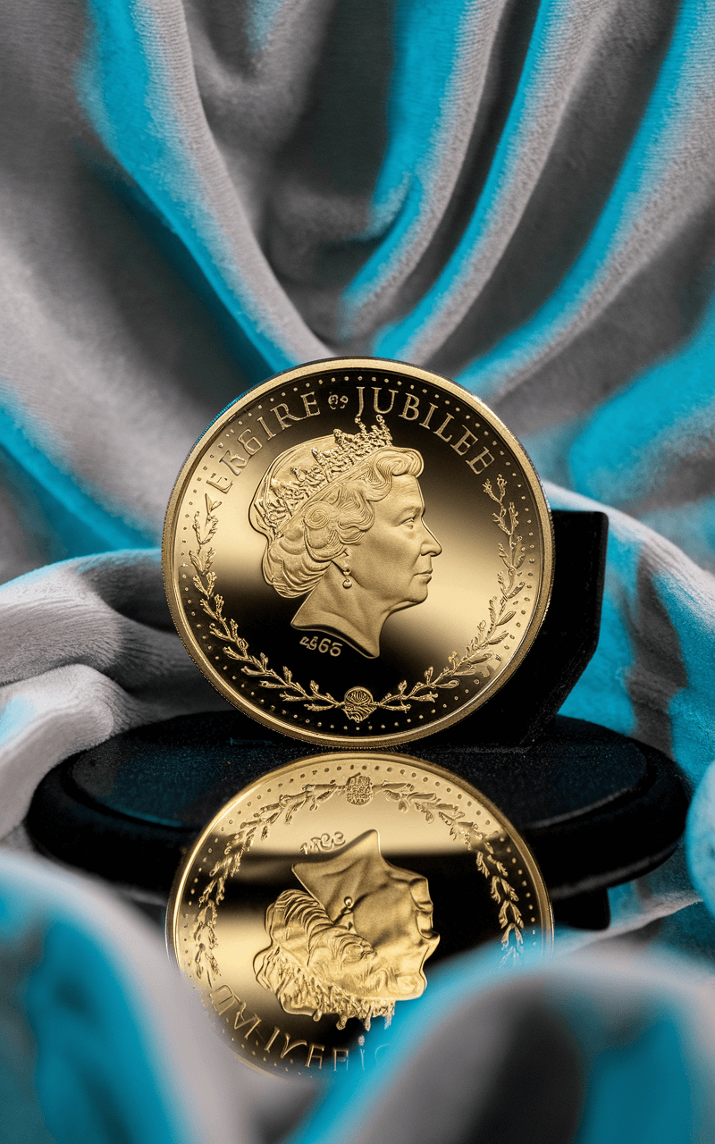 "Proof-grade gold coin featuring Queen Elizabeth II and crossed sceptres, detailed under soft lighting against a black velvet background with sapphire blue accents"