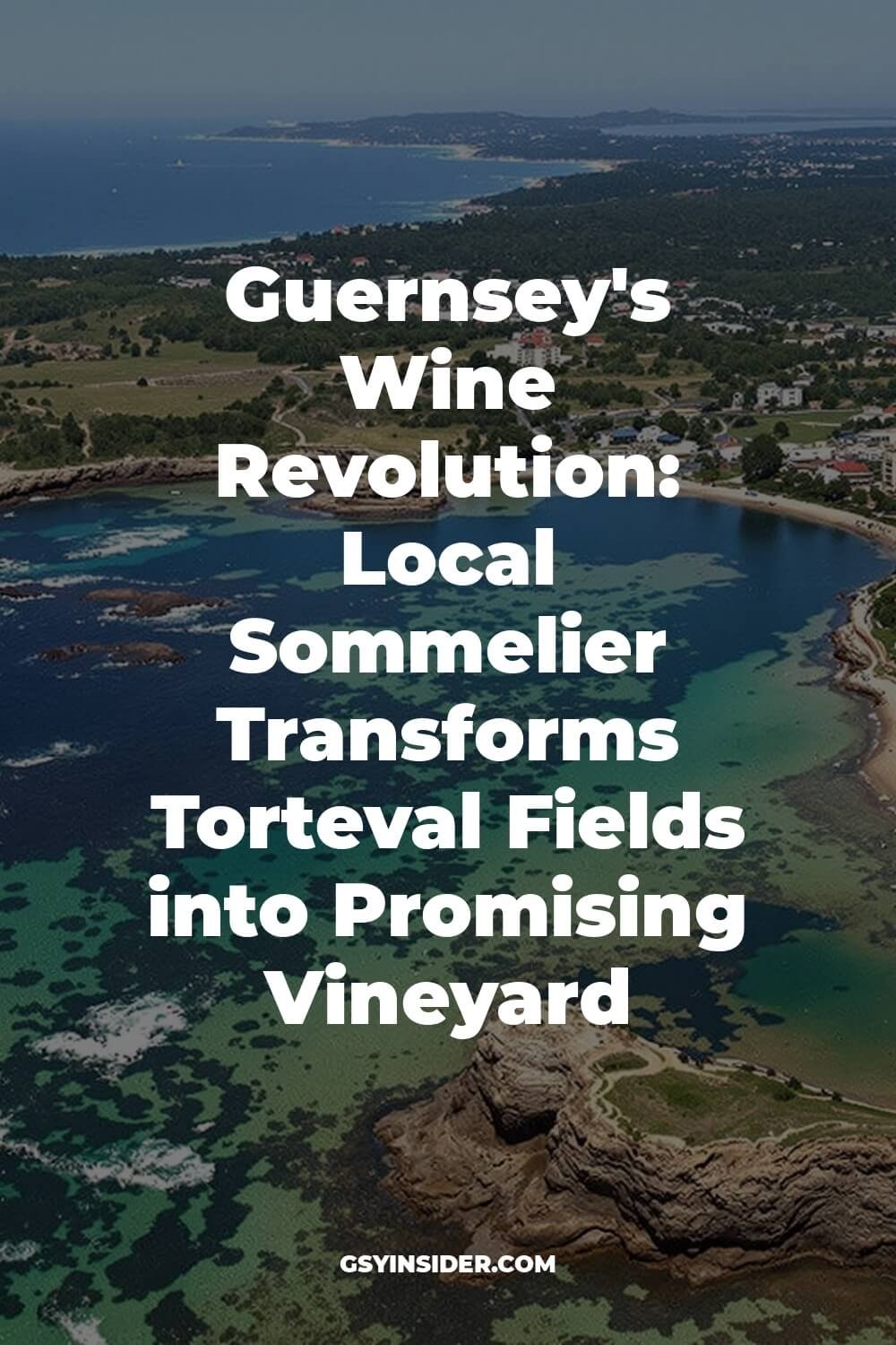 "Aerial view of Guernsey's southern coast at Torteval during golden hour, showcasing rolling green fields, potential vineyard grids, historic farmhouses, coastal cliffs, turquoise waters, a church spire, traditional architecture, wildflowers and footpaths."