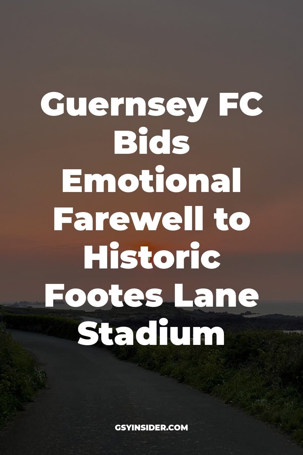 "Aerial view of Footes Lane Stadium in Guernsey during golden hour, showing full athletics track, football pitch, grandstand and surrounding area, with St. Peter Port's coastline in the background"