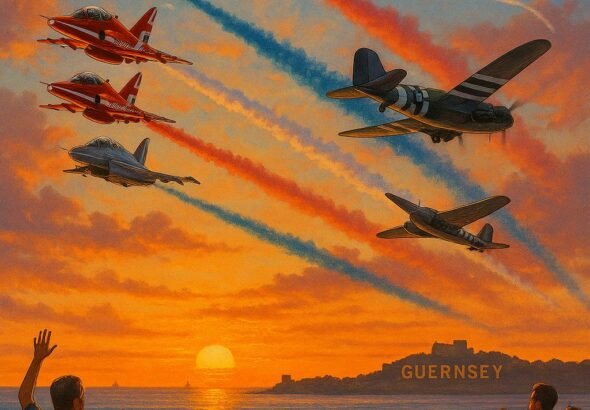 "Red Arrows performing a tight formation flight during sunset over Guernsey, leaving trails of colored smoke, while a crowd watches from the coastline and other iconic aircrafts, including RAF Typhoon jet, a Dakota, and a Pitts Biplane fly in the background."