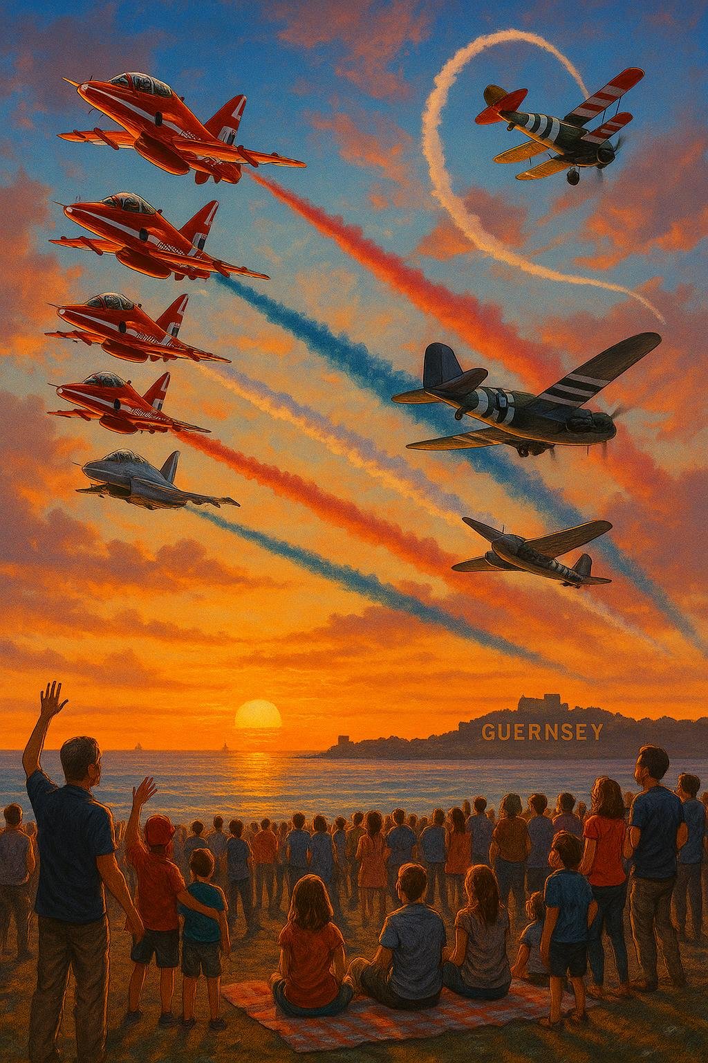 "Red Arrows performing a tight formation flight during sunset over Guernsey, leaving trails of colored smoke, while a crowd watches from the coastline and other iconic aircrafts, including RAF Typhoon jet, a Dakota, and a Pitts Biplane fly in the background."