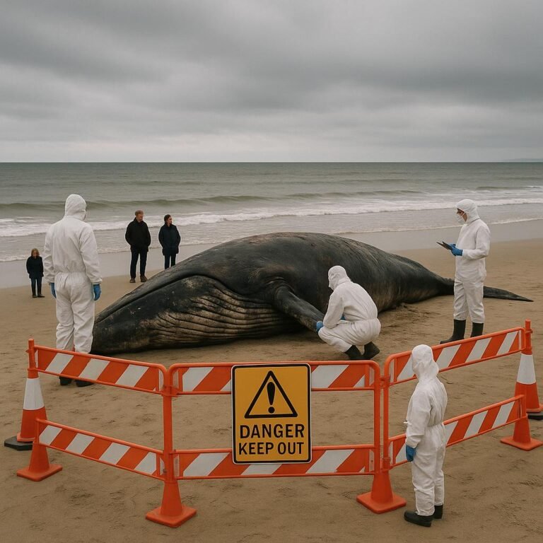 "Marine biologists in protective gear examining a deceased whale on an overcast beach, with local authorities' safety barriers and warning signs as onlookers watch from a distance."