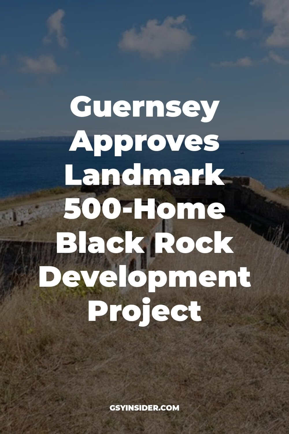 "Aerial view of Guernsey's Black Rock coastline with projected architectural development renderings during golden hour, showcasing turquoise waters, coastal cliffs, and St. Peter Port harbor in the distance."