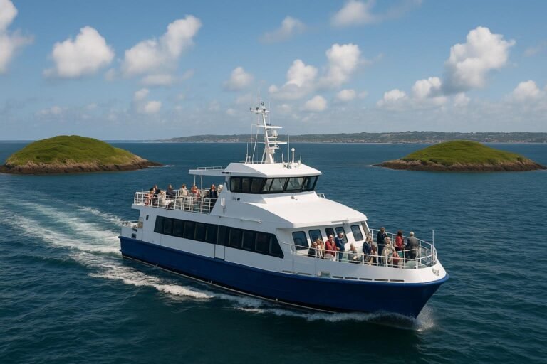"Modern ferry sails between two lush islands under partly cloudy skies, with passengers on deck and the coastline of Alderney or Guernsey visible, illustrating the vital role of inter-island transportation in the Channel Islands."