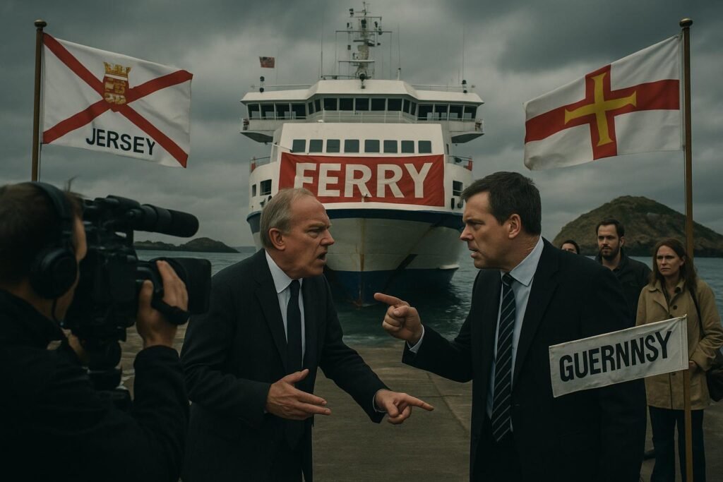 "Dramatic image of a ferry docked between the small islands of Jersey and Guernsey under a tense, cloudy sky, while officials from each island engage in a heated dispute, watched by news cameras and worried travelers, with rival company flags indicating a conflict over Channel Islands' ferry services."