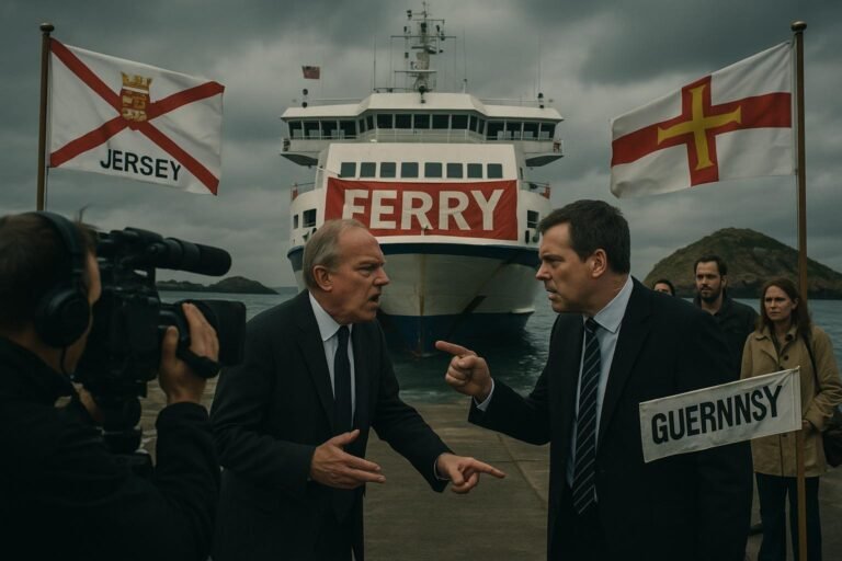 "Dramatic image of a ferry docked between the small islands of Jersey and Guernsey under a tense, cloudy sky, while officials from each island engage in a heated dispute, watched by news cameras and worried travelers, with rival company flags indicating a conflict over Channel Islands' ferry services."