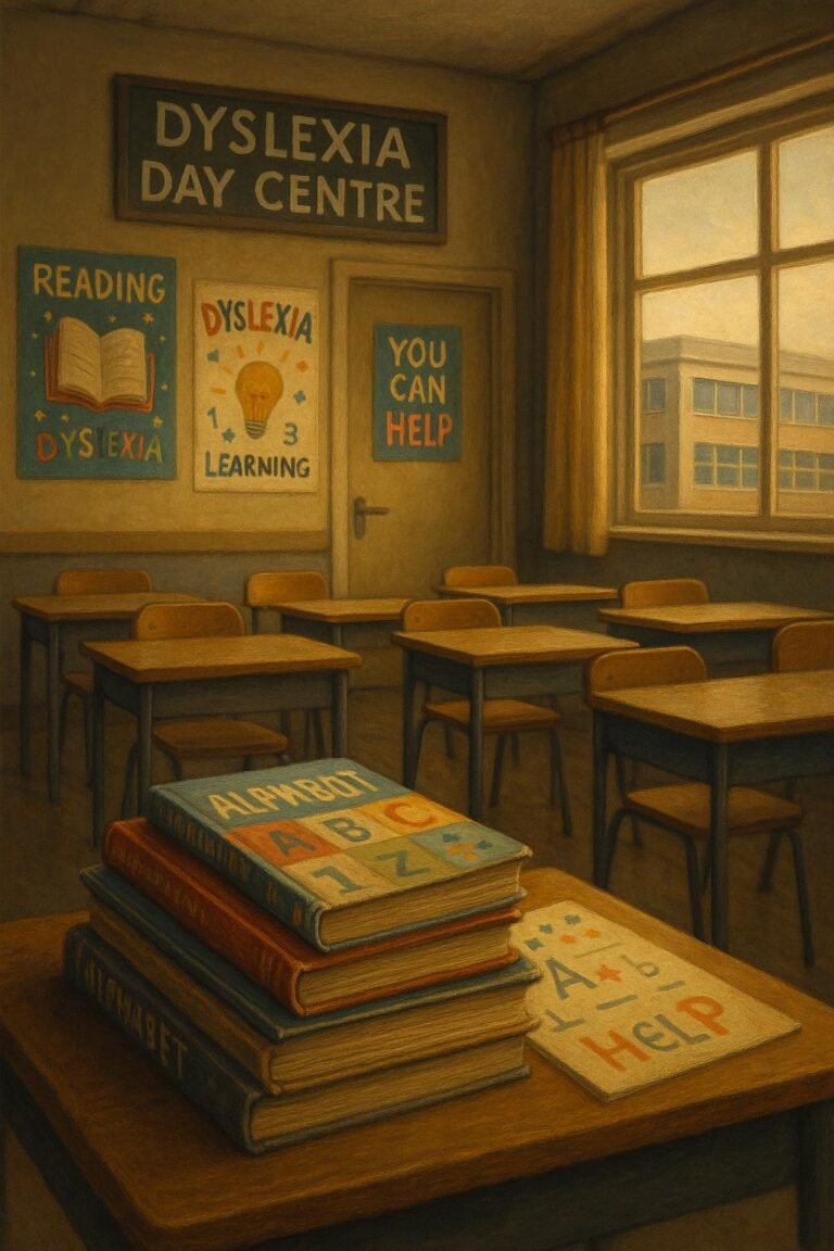 "Emotive scene in a small, well-equipped Dyslexia Day Centre classroom with empty chairs, stacked books, and colorful educational posters, overlooking a mainstream school building through the window."