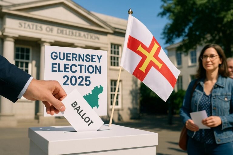 "Vibrant 2025 Guernsey general election scene featuring locals casting their votes at ballot boxes in front of the States of Deliberation building, with Guernsey flag and island outline prominently displayed."