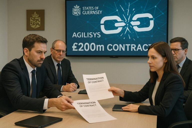 "Tense meeting in a modern Guernsey government office with businesspeople in suits, one handing over a termination contract; broken computer links on a screen in the background indicating a terminated partnership; government insignia and reference to "Agilisys" and a £200m contract subtly present."