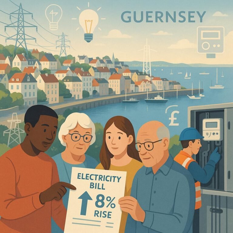 "Mid-2020s editorial illustration of Guernsey scenery with electricity icons, diverse residents reviewing an electricity bill with an 8% rise, technician working on modern electrical infrastructure, under soft daylight and clear skies."