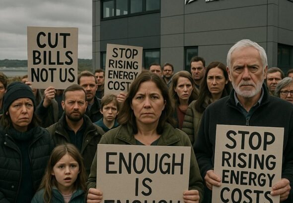 "Guernsey locals protesting rising electricity prices outside the Guernsey Electricity building under an overcast sky, showcasing an island setting with coastal elements"