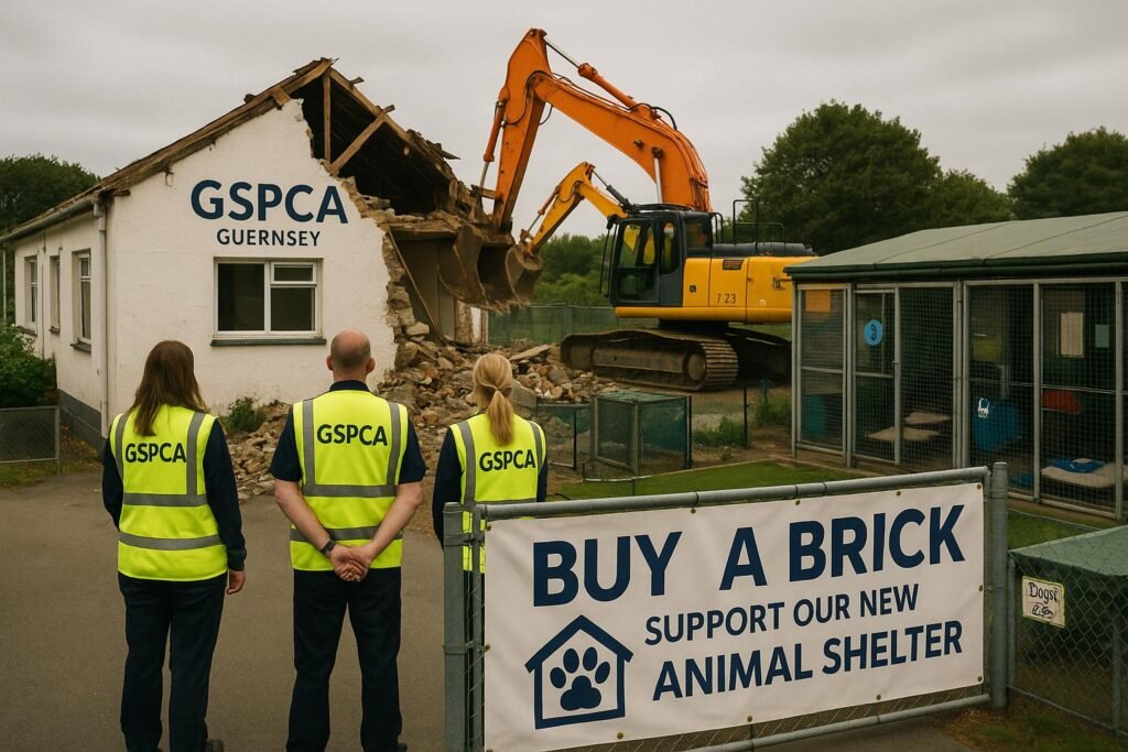 "Demolition of old animal shelter in Guernsey, with construction machinery, temporary kennels, and staff in safety vests, alongside a 'Buy a Brick' fundraising banner, symbolizing resilience in animal welfare."