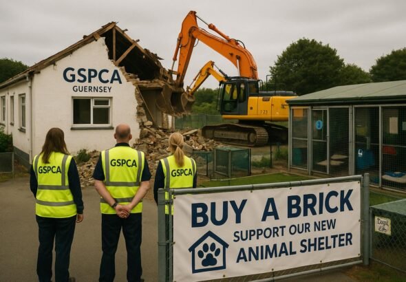 "Demolition of old animal shelter in Guernsey, with construction machinery, temporary kennels, and staff in safety vests, alongside a 'Buy a Brick' fundraising banner, symbolizing resilience in animal welfare."