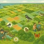 "Aerial view of Guernsey island displaying diverse habitats; patchwork fields, coastal cliffs, and woodlands are highlighted by subtle color mapping. Small icons of local wildlife like birds, flowers represent biodiversity, while groups of people with survey tools capture community involvement in conservation. The image embodies scientific precision, and the harmonious coexistence of nature and development, radiating a bright, hopeful atmosphere."