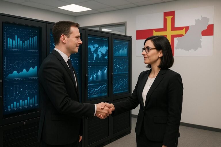 "Two professionals shaking hands in a modern office in Guernsey, finalizing a contract amidst the backdrop of computer servers displaying abstract data graphics with subtle hints of Guernsey flags or island imagery, symbolizing a transition in IT services"