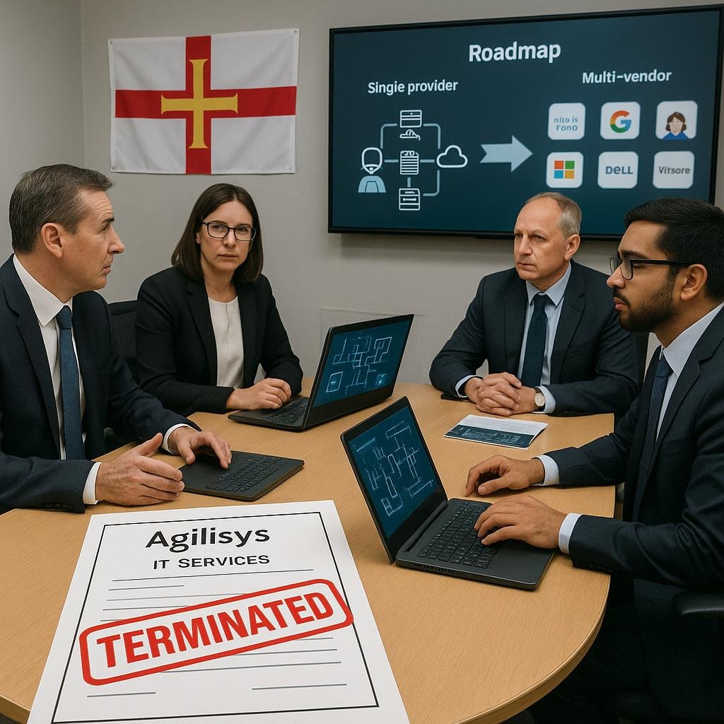 "Guernsey government officials in formal attire in a modern boardroom, discussing over digital screen presentations of IT infrastructure and network diagrams, a terminated contract document marked 'Agilisys IT Services' on the table and a roadmap on a wall screen symbolizing the transition from a single to multi-vendor approach. Guernsey flag and diverse IT staff members present, indicating local context and expertise."