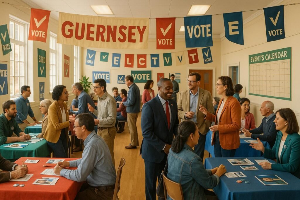 "Diverse local election candidates interacting with voters in a brightly lit Guernsey community hall decorated with election banners and tables of campaign materials, with a visible event calendar poster on the wall."