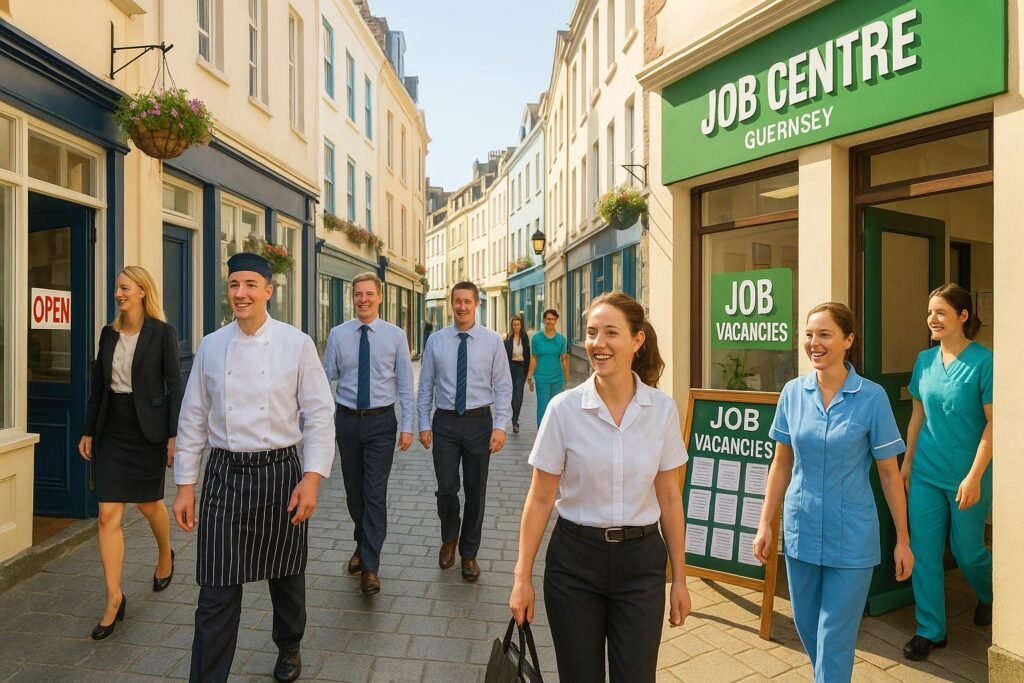 "Vibrant street scene in St. Peter Port, Guernsey, with cheerful locals in diverse work uniforms entering establishments under a clear sky, distinctive job vacancy board outside job centre, symbolising optimism, economic activity, and community engagement."