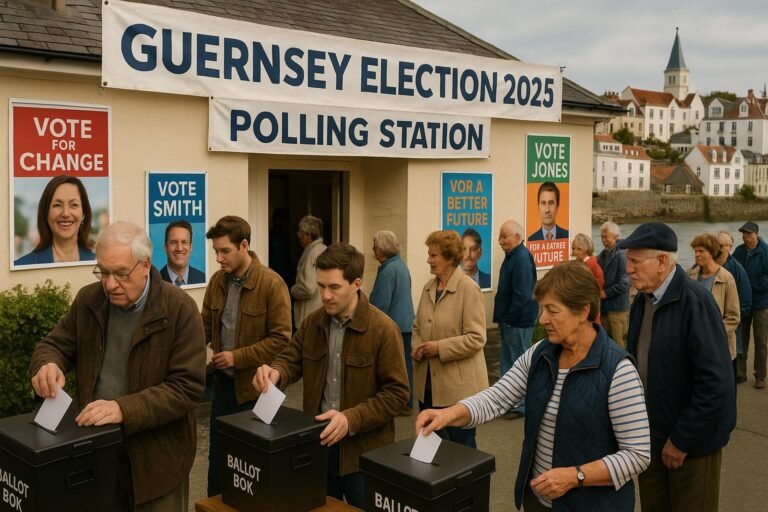 "Diverse voters casting ballots at a busy polling station in Guernsey during the 2025 elections, with campaign posters, official banners, and coastal architecture in the background."