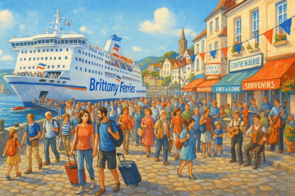 "Bustling harbor in Guernsey with a large Brittany Ferries ship, French tourists, welcoming islanders, local shops and cafes with French signs and decorations, musicians playing, and scenic coastline and historic architecture in the background."