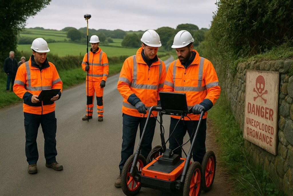 "Munitions experts and surveyors in safety gear utilizing advanced equipment for an underground investigation on a rural road in Guernsey Island, surrounded by green fields and World War II historical markers, with local residents observing."
