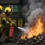 "Firefighters in protective gear extinguishing flames in a modern Guernsey waste processing facility, confronting a hazardous pile of burning electronic waste including cordless tools and lithium-ion batteries, with warning signs and recycling bins hinting the environmental and economic risks of improper disposal."