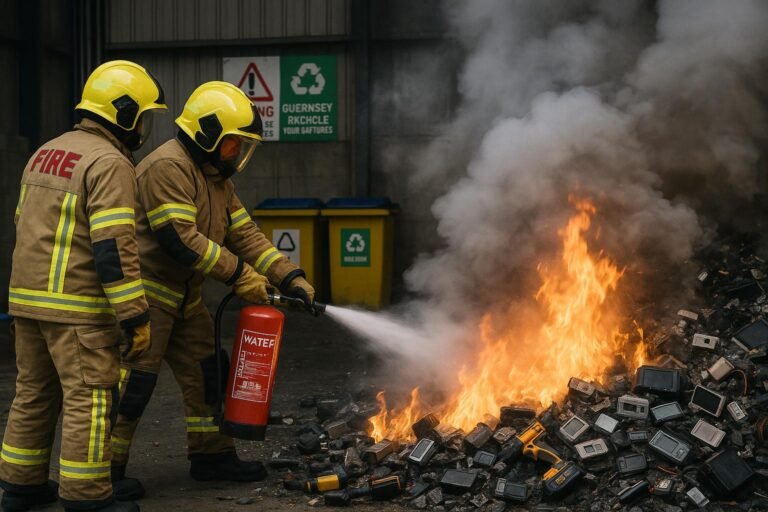 "Firefighters in protective gear extinguishing flames in a modern Guernsey waste processing facility, confronting a hazardous pile of burning electronic waste including cordless tools and lithium-ion batteries, with warning signs and recycling bins hinting the environmental and economic risks of improper disposal."