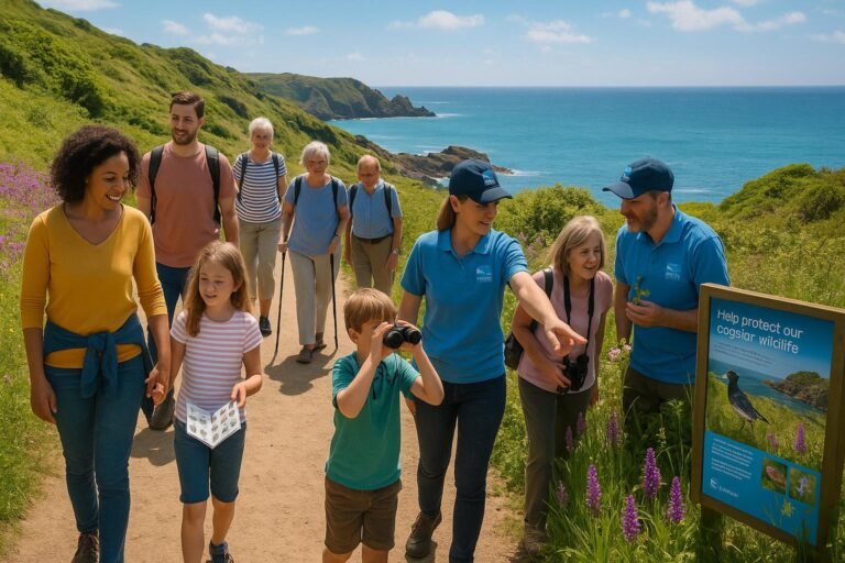 "Diverse group of people exploring a scenic coastal path on Guersney under a sunny sky, with RSPB volunteers showing them local wildlife, amidst fields of wild orchids, rugged cliffs and the sea. Signage about conservation and local wildlife visible in the background."