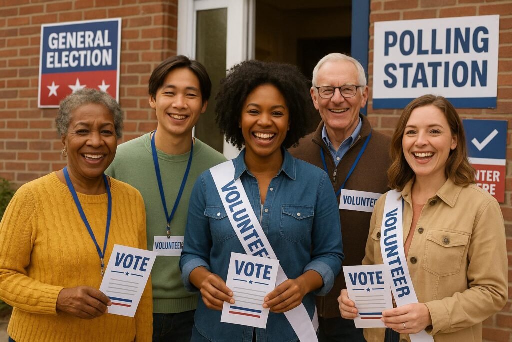 "Diverse group of community volunteers of different ages, genders, and ethnicities outside a lively polling station, distributing informational leaflets and welcoming voters, demonstrating civic participation and teamwork during an election day."