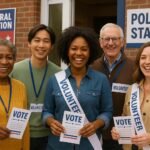 "Diverse group of community volunteers of different ages, genders, and ethnicities outside a lively polling station, distributing informational leaflets and welcoming voters, demonstrating civic participation and teamwork during an election day."