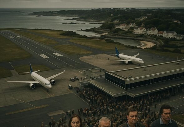 "Aerial view of Guernsey's coastline featuring a dormant airport, frustrated tourists, empty welcome signs and vacant hotels under overcast skies, symbolizing disruption in tourism industry."