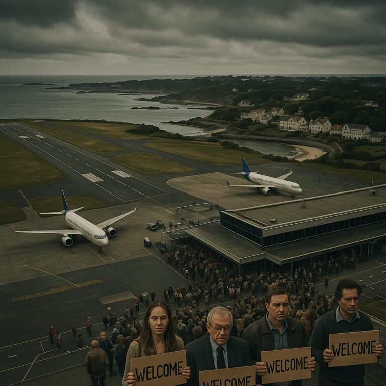 "Aerial view of Guernsey's coastline featuring a dormant airport, frustrated tourists, empty welcome signs and vacant hotels under overcast skies, symbolizing disruption in tourism industry."