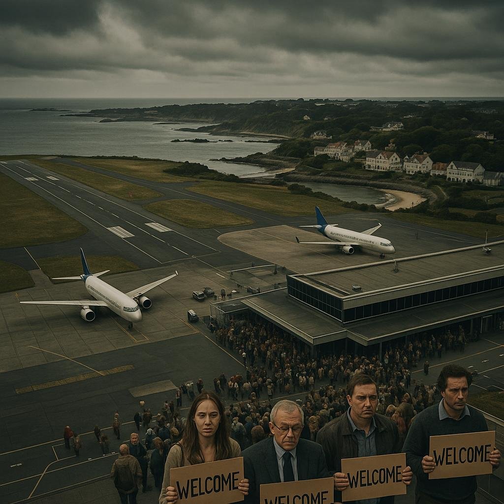 "Aerial view of Guernsey's coastline featuring a dormant airport, frustrated tourists, empty welcome signs and vacant hotels under overcast skies, symbolizing disruption in tourism industry."