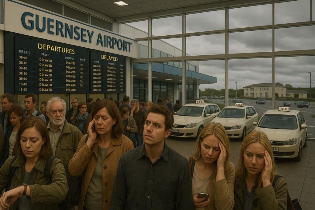 "Frustrated travelers waiting in a busy Guernsey airport terminal, checking watches and delay-marked departure boards, with empty taxis lined up outside and deserted nearby hotels under an uncertain, cloudy sky."