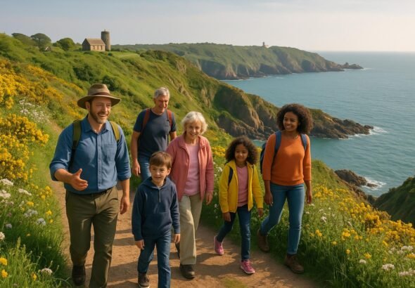 "Diverse group of people walking along a coastal path in Guernsey during spring, surrounded by blooming wildflowers and historic architecture with cliffs, sea and soft sunlight illuminating the vibrant landscape in the background."