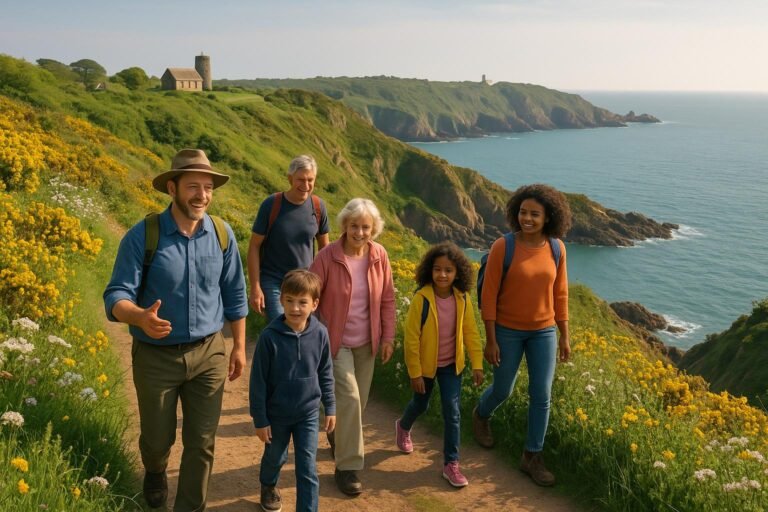 "Diverse group of people walking along a coastal path in Guernsey during spring, surrounded by blooming wildflowers and historic architecture with cliffs, sea and soft sunlight illuminating the vibrant landscape in the background."