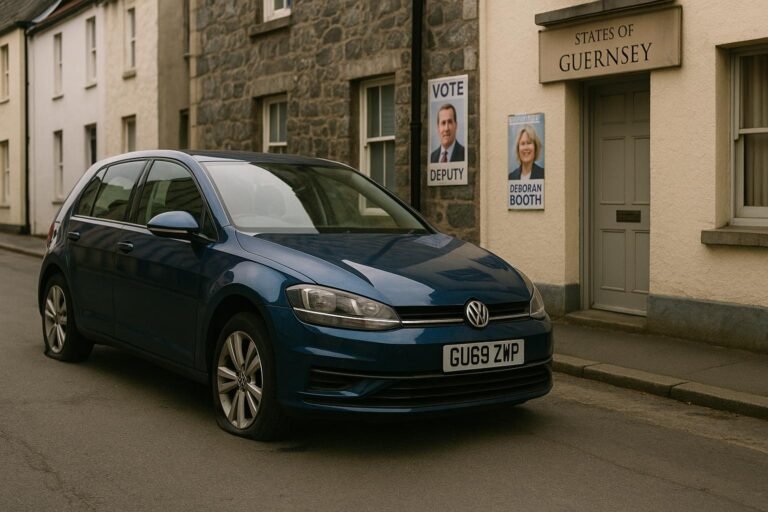 "Parked car with slashed tires on a quiet Guernsey street, campaign posters and local government buildings subtly visible in the background, hinting at political tension following a vandalism incident against a deputy's vehicle in the small island community."