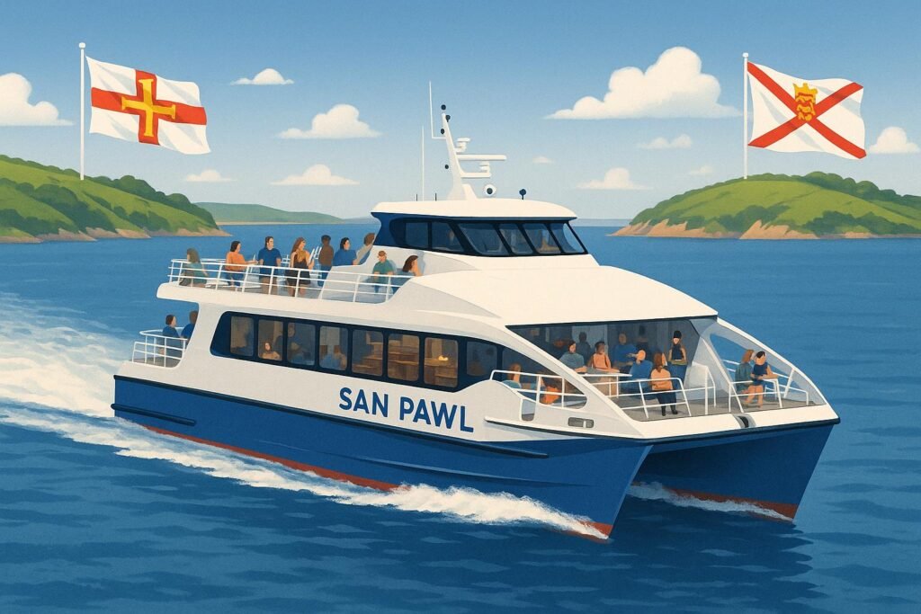 "High-speed "San Pawl" catamaran ferry glides across the calm blue waters between lush green coastlines of Guernsey and Jersey, passengers enjoying island views from the deck, Channel Island flags waving in the background"