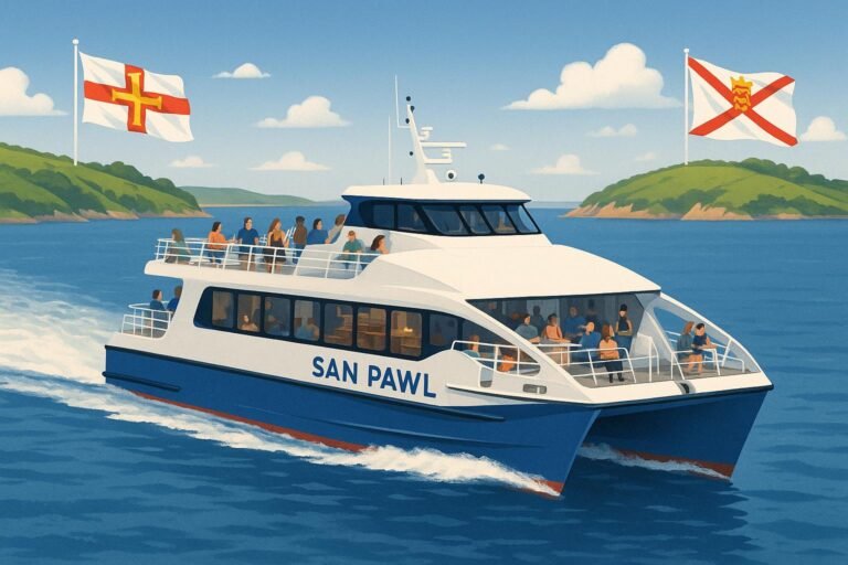 "High-speed "San Pawl" catamaran ferry glides across the calm blue waters between lush green coastlines of Guernsey and Jersey, passengers enjoying island views from the deck, Channel Island flags waving in the background"