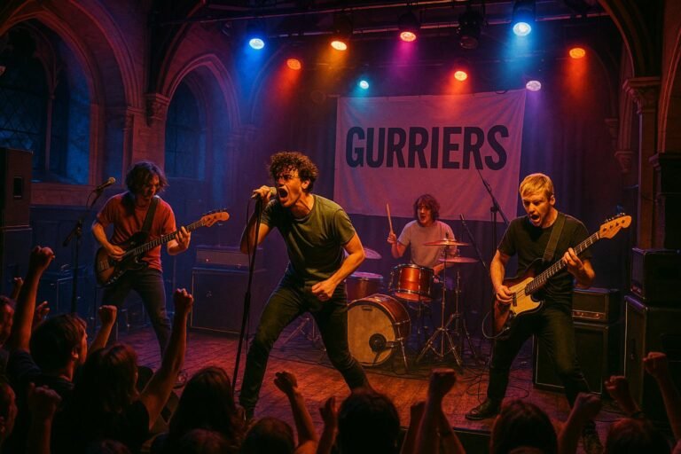 "Alternative rock band, Gurriers, performing on stage with energetic enthusiasm at an intimate music venue, St James in Guernsey. The audience is immersed in the music, cheering in the vibrant glow of colorful stage lights. The setting is adorned with band banners and musical equipment, creating an electric mood of a live indie or punk rock show."
