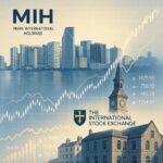 "Double-exposure illustration of Miami and Guernsey skylines merged, overlaid with digital financial data and logos of Miami International Holdings and The International Stock Exchange, representing global economic connectivity and transformation"