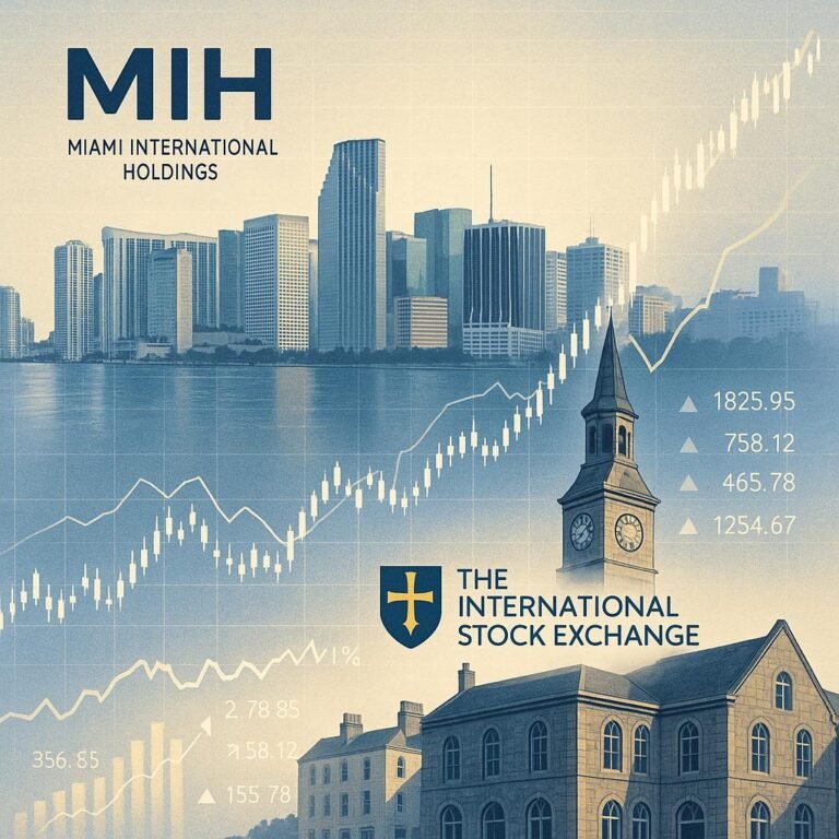 "Double-exposure illustration of Miami and Guernsey skylines merged, overlaid with digital financial data and logos of Miami International Holdings and The International Stock Exchange, representing global economic connectivity and transformation"