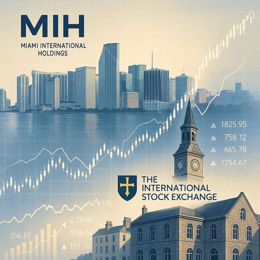 "Double-exposure illustration of Miami and Guernsey skylines merged, overlaid with digital financial data and logos of Miami International Holdings and The International Stock Exchange, representing global economic connectivity and transformation"