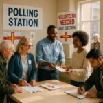 "Photorealistic image of a bright, lively polling station during the 2025 Election in Guernsey, with diverse voters engaging in the process, friendly volunteers distributing ballots and checking names, and clear signage indicating the location and volunteer opportunities, conveying a mood of positivity, inclusivity, and community engagement."